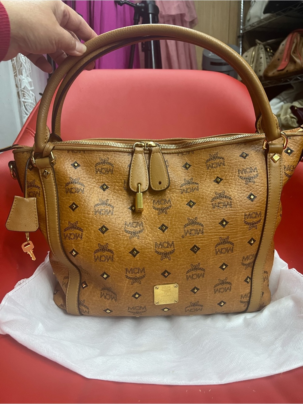MCM Cognac Monogram Visetos Leather Shoulder Bag